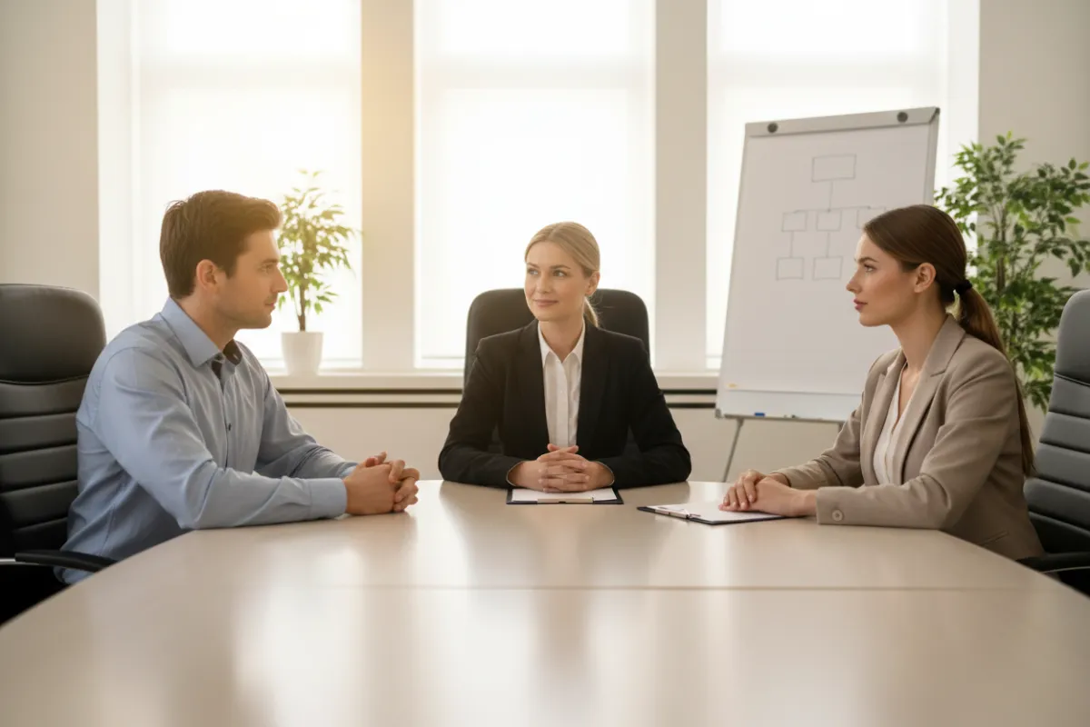 A professional mediator sits between two individuals in a neutral meeting room, facilitating a calm discussion. The scene conveys fairness, impartiality, and structured resolution, with soft lighting and a focus on respectful communication.