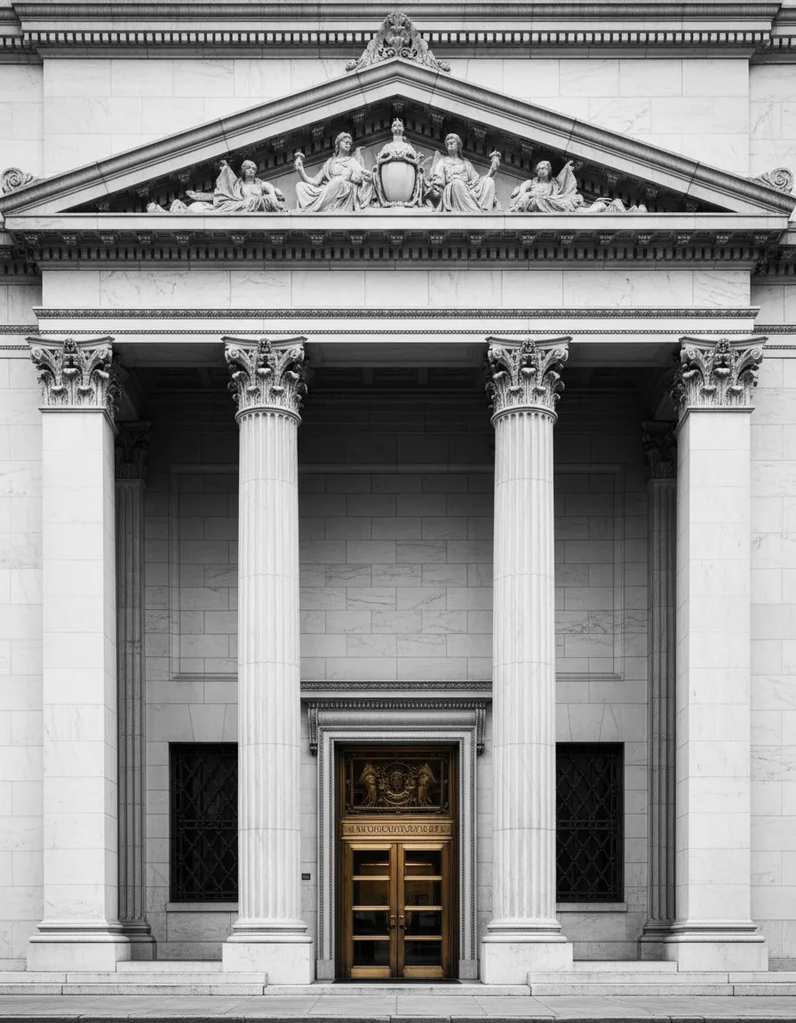 Grand entrance of a classical building featuring ornate columns, a decorative pediment, and a prominent golden door, symbolizing stability and wealth management for high-net-worth clients.