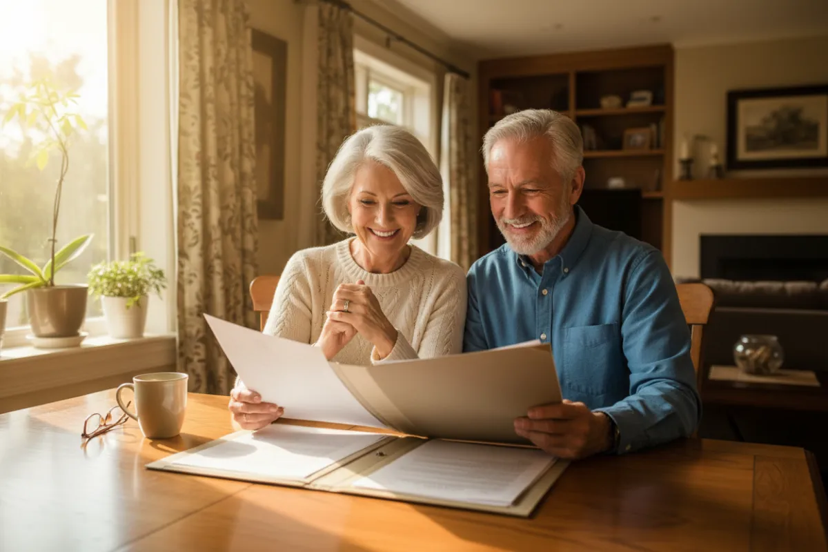 A mature couple, both in their early 60s, sit together at a kitchen table, smiling as they review annuity documents. Sunlight streams through a window, highlighting a cozy, well-appointed home interior, symbolizing comfort, security, and financial peace of mind.