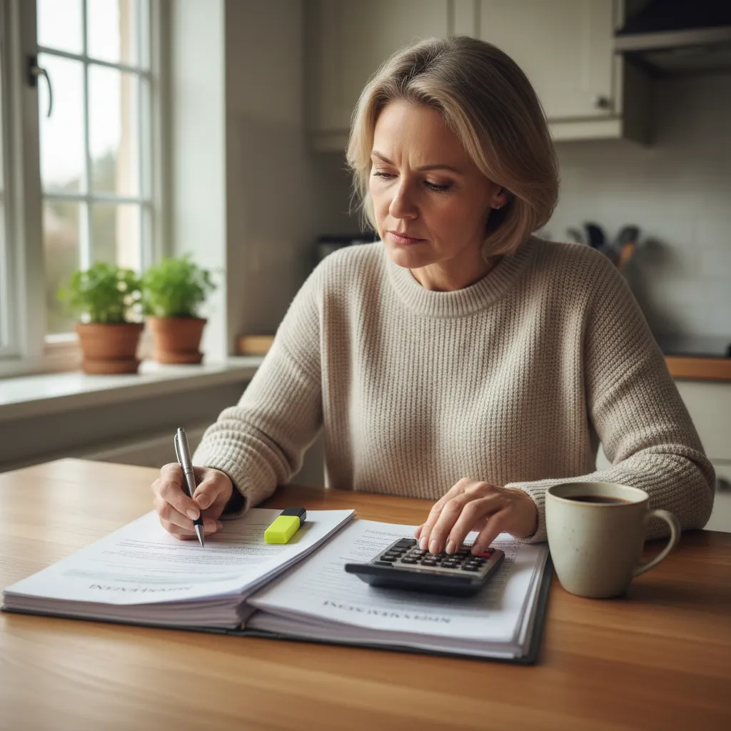 A thoughtful middle-aged woman sits at a kitchen table, reviewing a complex insurance statement with a calculator and a cup of coffee. She looks concerned about policy costs and returns, highlighting the need to understand IUL drawbacks.