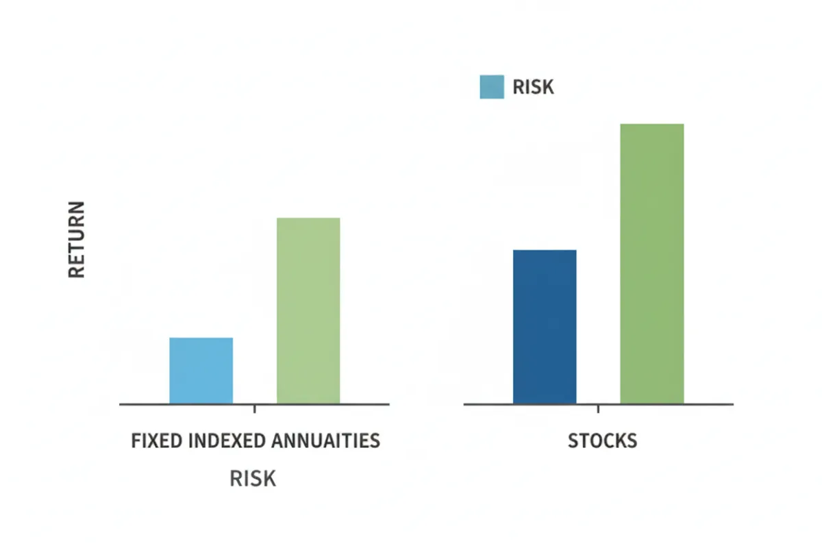 Bar chart comparing Fixed Indexed Annuities and Stocks on Risk and Return. Two grouped bars for each investment labeled 'Risk' and 'Return' with clear, simple labels.