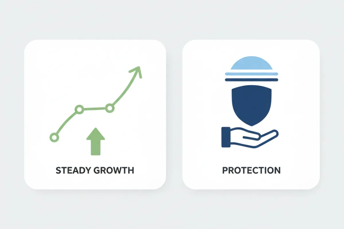 Simple summary chart comparing protected growth vs market volatility for fixed indexed annuities; clear legend and one-line takeaway.