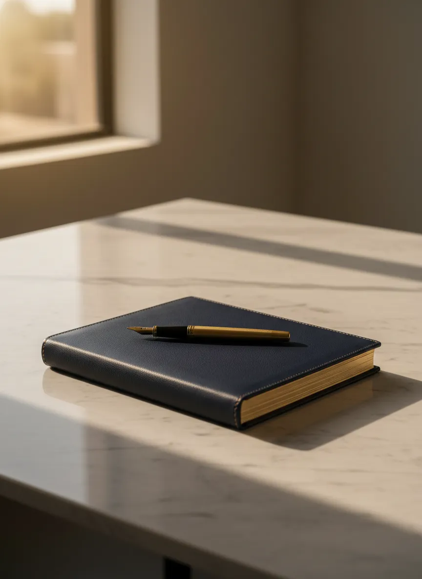 Luxury notebook with a gold pen on a marble table, symbolizing financial planning and strategic wealth architecture.