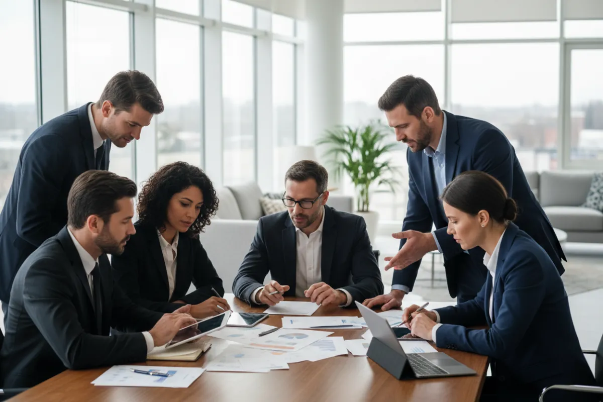 A diverse group of adults in business attire, gathered around a table, reviewing documents and digital devices in a modern office with large windows, representing responsible user conduct and collaboration. The setting is bright and professional, with a focus on attentive engagement.