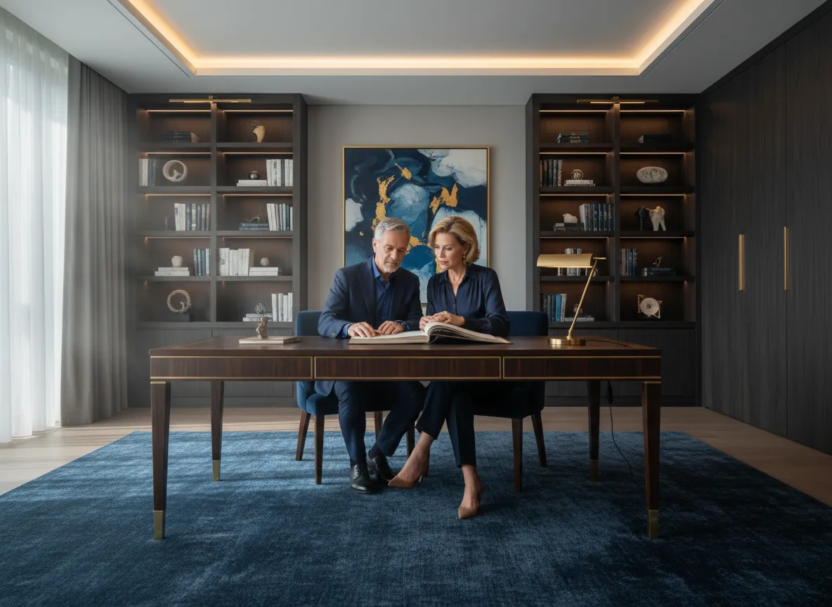 Professional couple reviewing financial documents at a modern desk in an elegant office setting, emphasizing wealth management and advisory services.