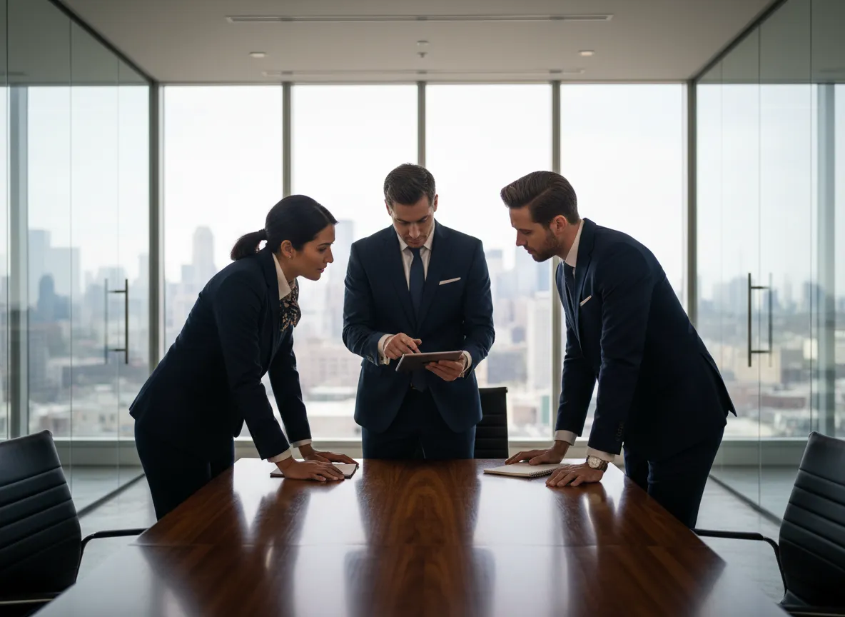 Business professionals discussing financial strategies at a conference table with a city skyline view, focused on wealth preservation solutions.