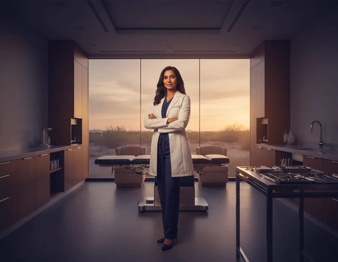 Medical professional in a modern clinic, standing confidently with arms crossed, showcasing expertise in wealth protection strategies for top physicians and dentists in Arizona.