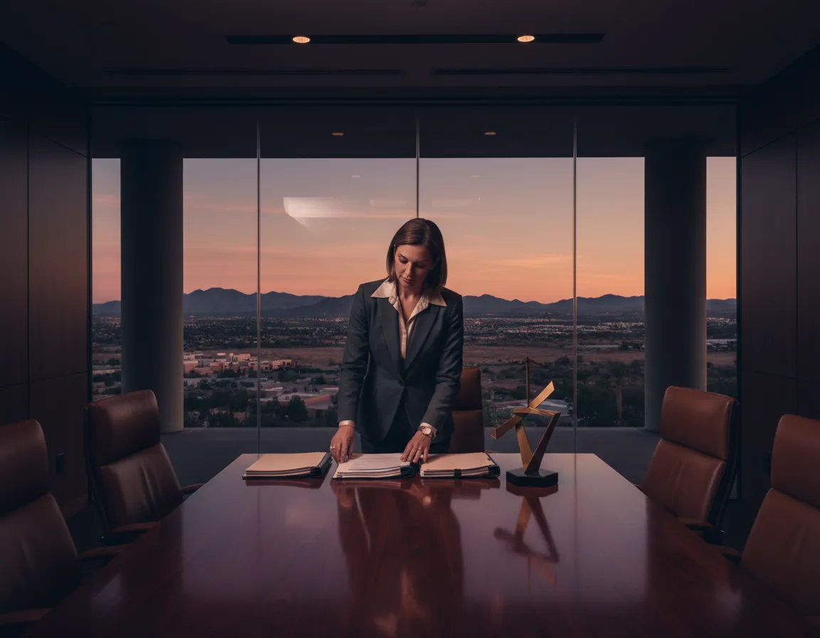 Professional woman in a suit reviewing documents at a conference table with a mountain view, symbolizing strategic wealth management for elite clientele in Arizona.