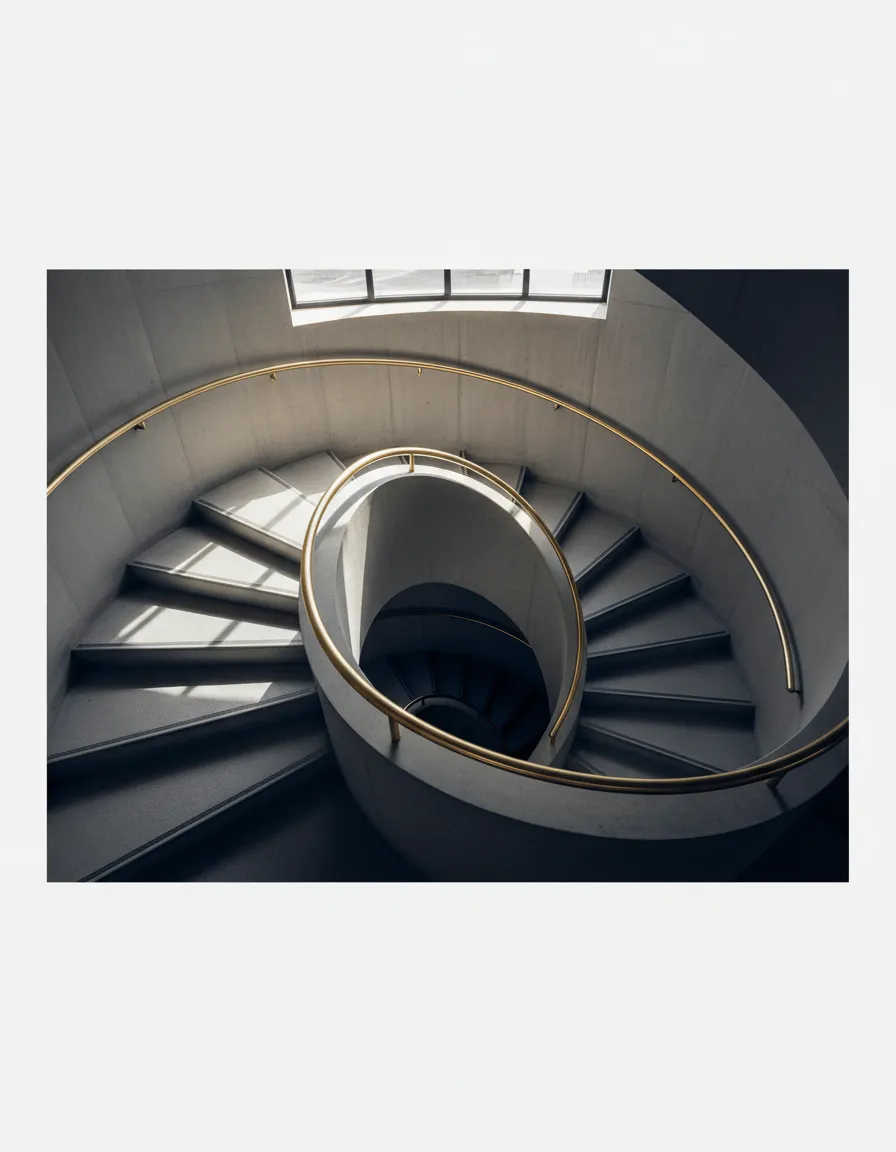 Spiral staircase with gold railing, symbolizing upward movement and growth, relevant to retirement planning and financial security themes.