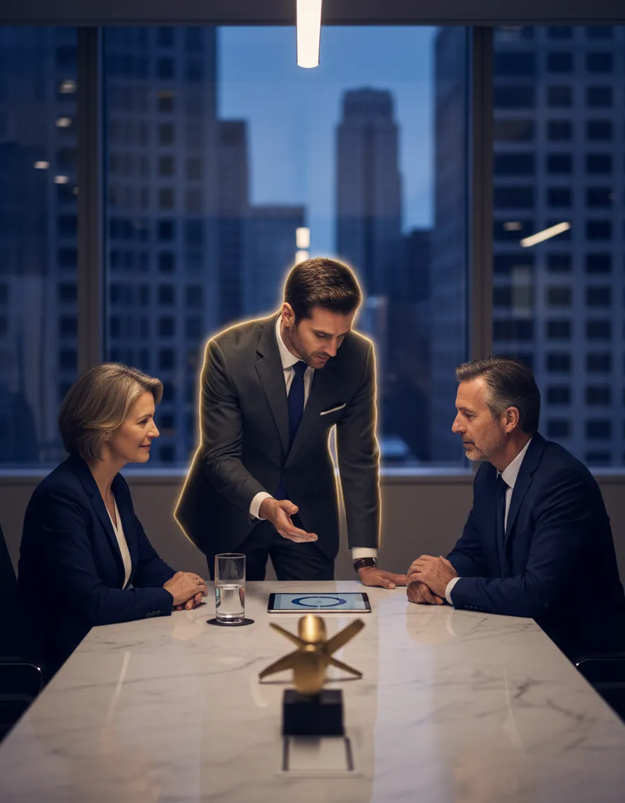 Business meeting with financial advisors discussing strategies, featuring a man in a suit presenting on a tablet, with two clients engaged, symbolizing wealth management and retirement planning.