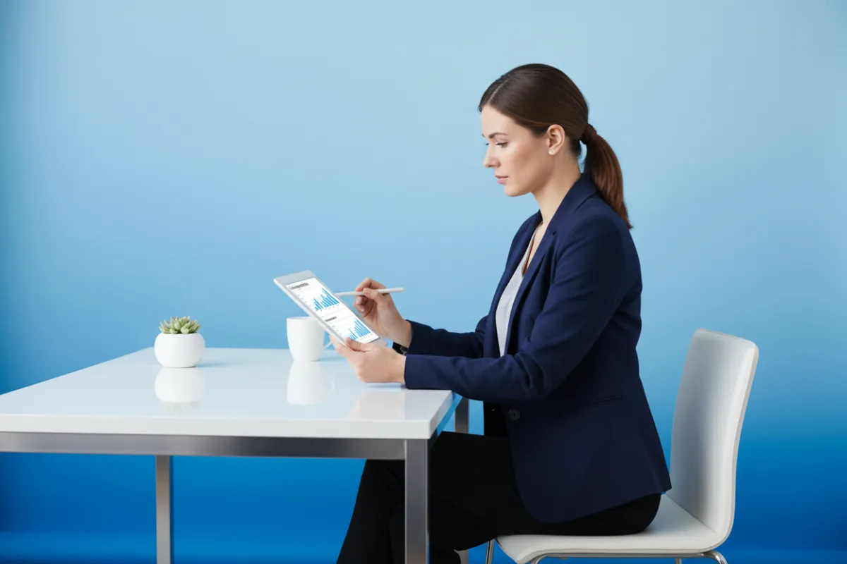 Young professional woman reviewing life insurance options on a tablet