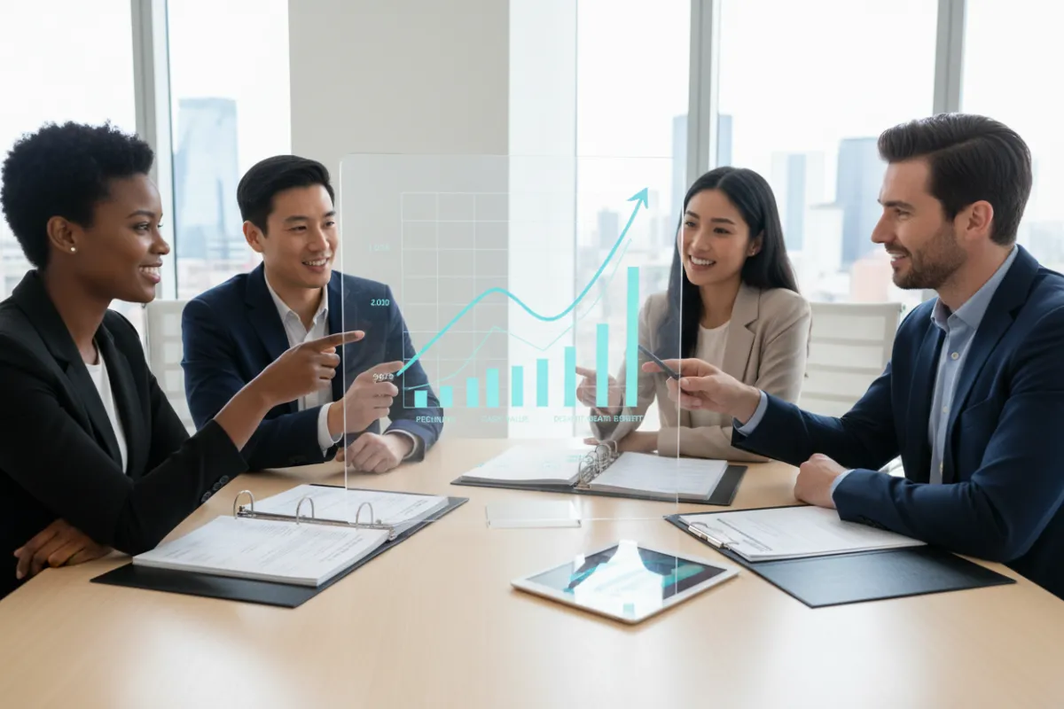 A diverse group of adults reviews a large illustrated chart showing the growth of an Indexed Universal Life policy, with insurance documents and a digital tablet on a bright, modern office table. The setting is bright and professional, emphasizing collaboration and clarity.