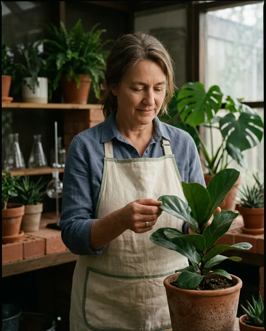 Dr. Fern Greenfield, Lead Botanical Diagnostician inspecting a potted plant in a sunlit clinical nursery