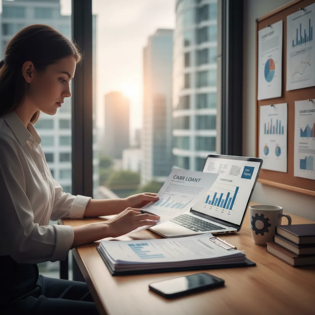 A young woman with a determined expression sits at a desk, analyzing car loan documents and a laptop displaying credit scores. The background features a subtle cityscape through a window, and the workspace is organized with financial charts and a coffee mug, suggesting focus and ambition.