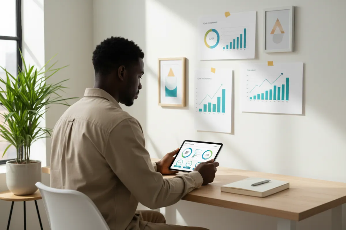 A young Black man uses a tablet to access a credit improvement dashboard, surrounded by printed charts and a notepad. The workspace is bright, with motivational quotes on the wall and a potted plant, highlighting a proactive and resourceful approach to financial management.