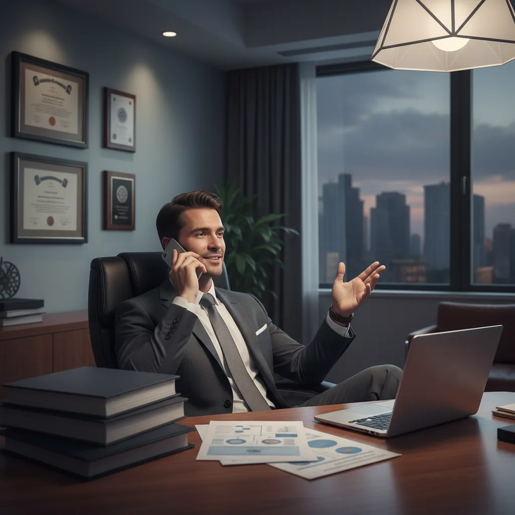 A professional negotiator in a formal suit speaking confidently on the phone, with legal documents and a laptop open on the desk. The office is modern, with certificates on the wall, conveying authority and expertise in dispute resolution.