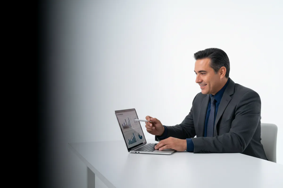 Portrait of a friendly financial specialist reviewing a credit report on a laptop
