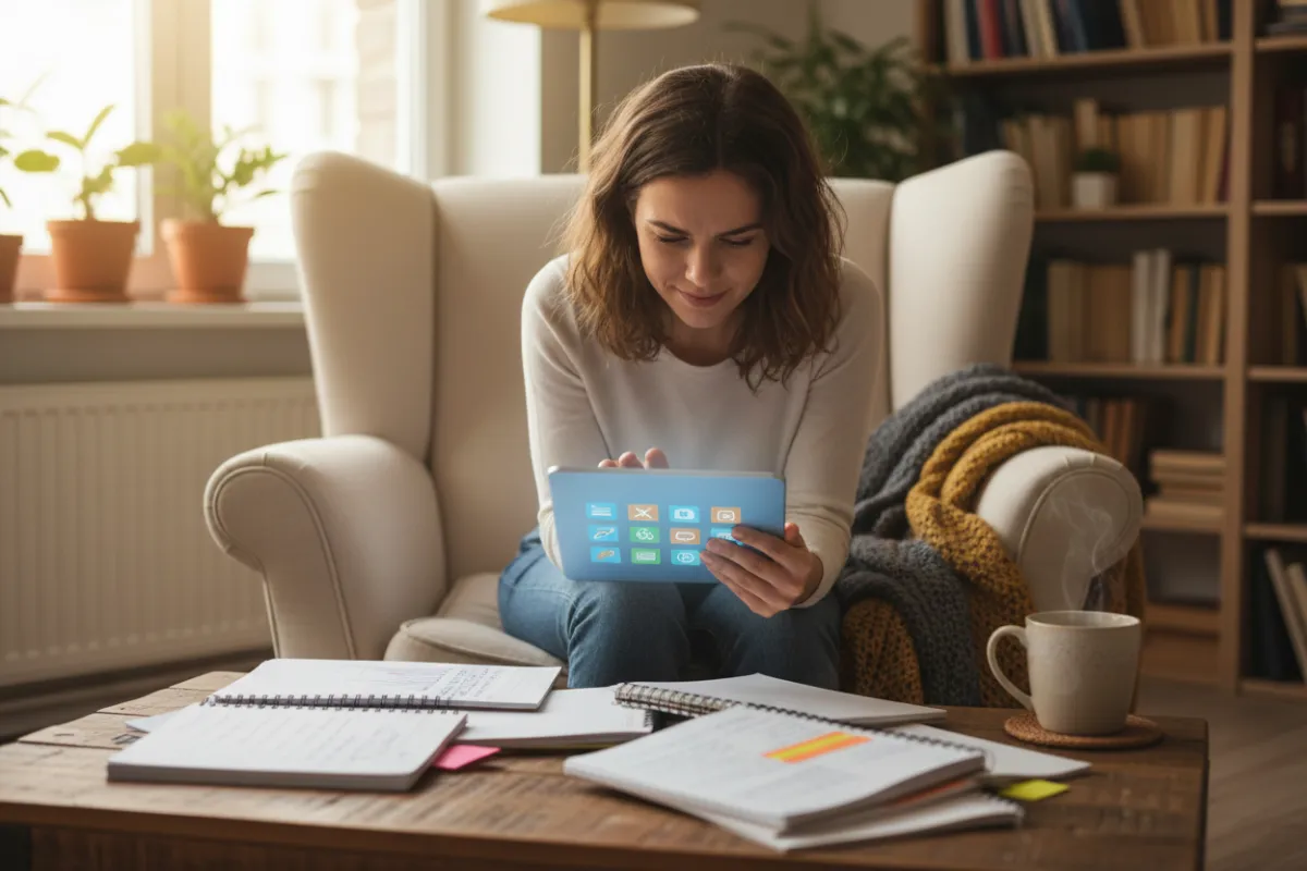 A young adult reading a digital financial guide on a tablet, surrounded by notebooks and a cup of tea in a cozy home setting. The scene is relaxed and focused, emphasizing self-education and proactive financial management.