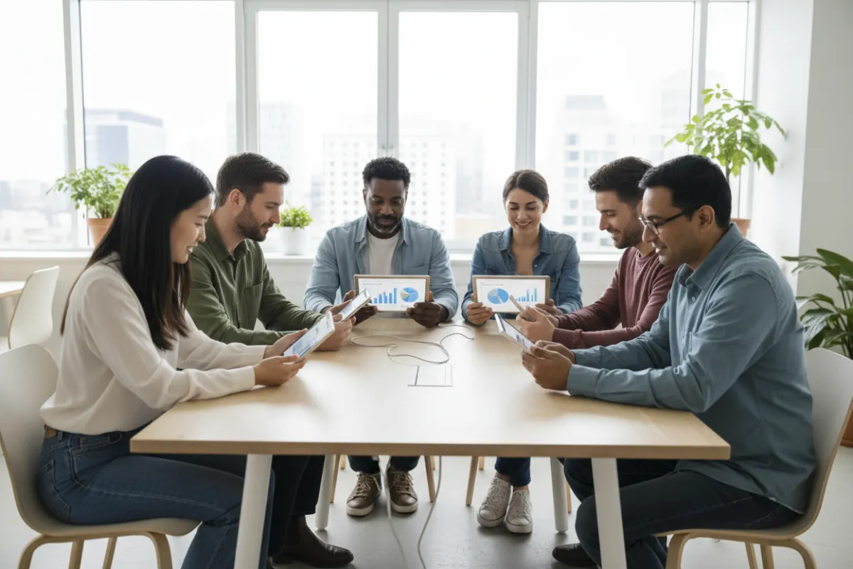 A diverse group of adults, each reviewing their credit reports on digital tablets in a bright, modern workspace. The group includes individuals of different ages and backgrounds, all appearing engaged and optimistic. The setting is airy with large windows and minimalistic decor, emphasizing a collaborative and supportive atmosphere.
