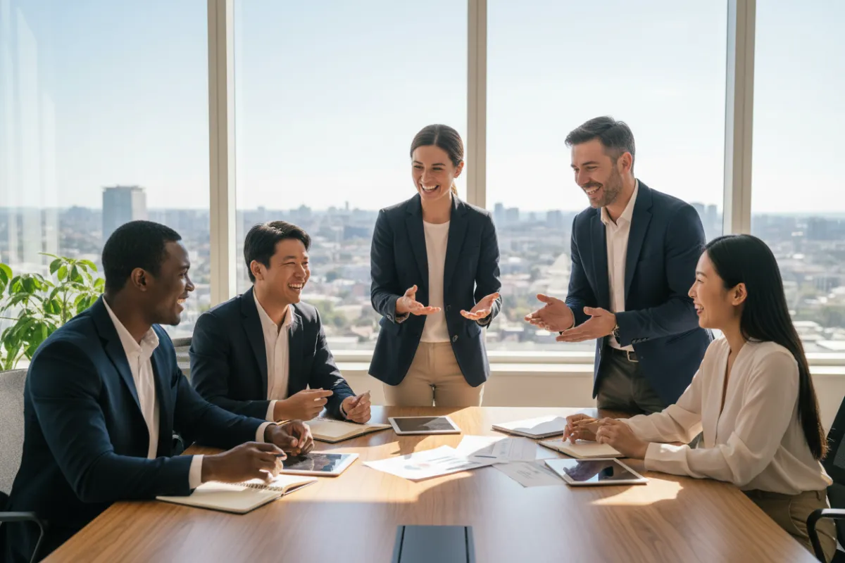 A diverse group of adults in business-casual attire, gathered around a table with financial documents, smiling and discussing strategies in a bright, modern office. The scene conveys optimism, teamwork, and empowerment, with natural light and a cityscape visible through large windows.