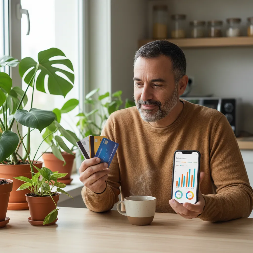 A middle-aged man of Hispanic descent holds several credit cards and reviews a comparison chart on his smartphone. He sits at a kitchen table with a cup of tea, surrounded by natural light and houseplants, conveying a sense of careful planning and hopefulness.