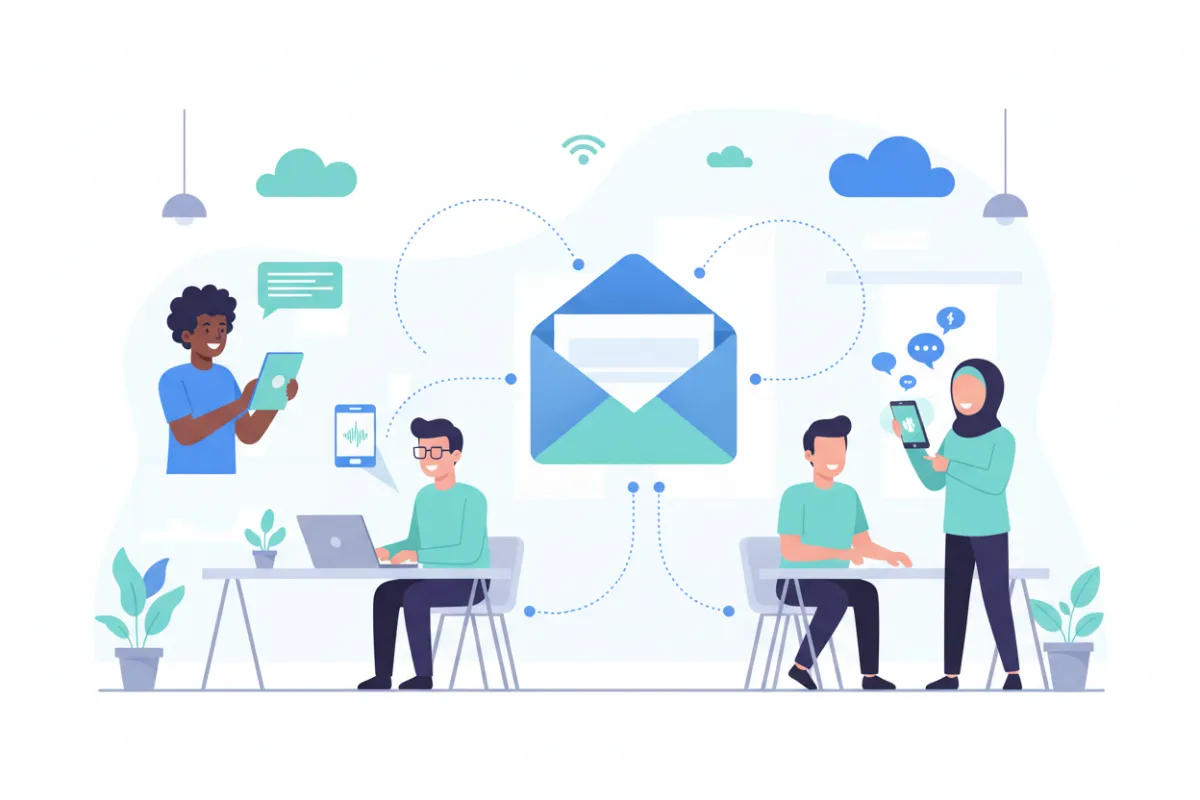 A modern flat illustration showing a diverse group of people communicating via digital devices, with speech bubbles and a large envelope icon, set in a bright, minimal office environment.