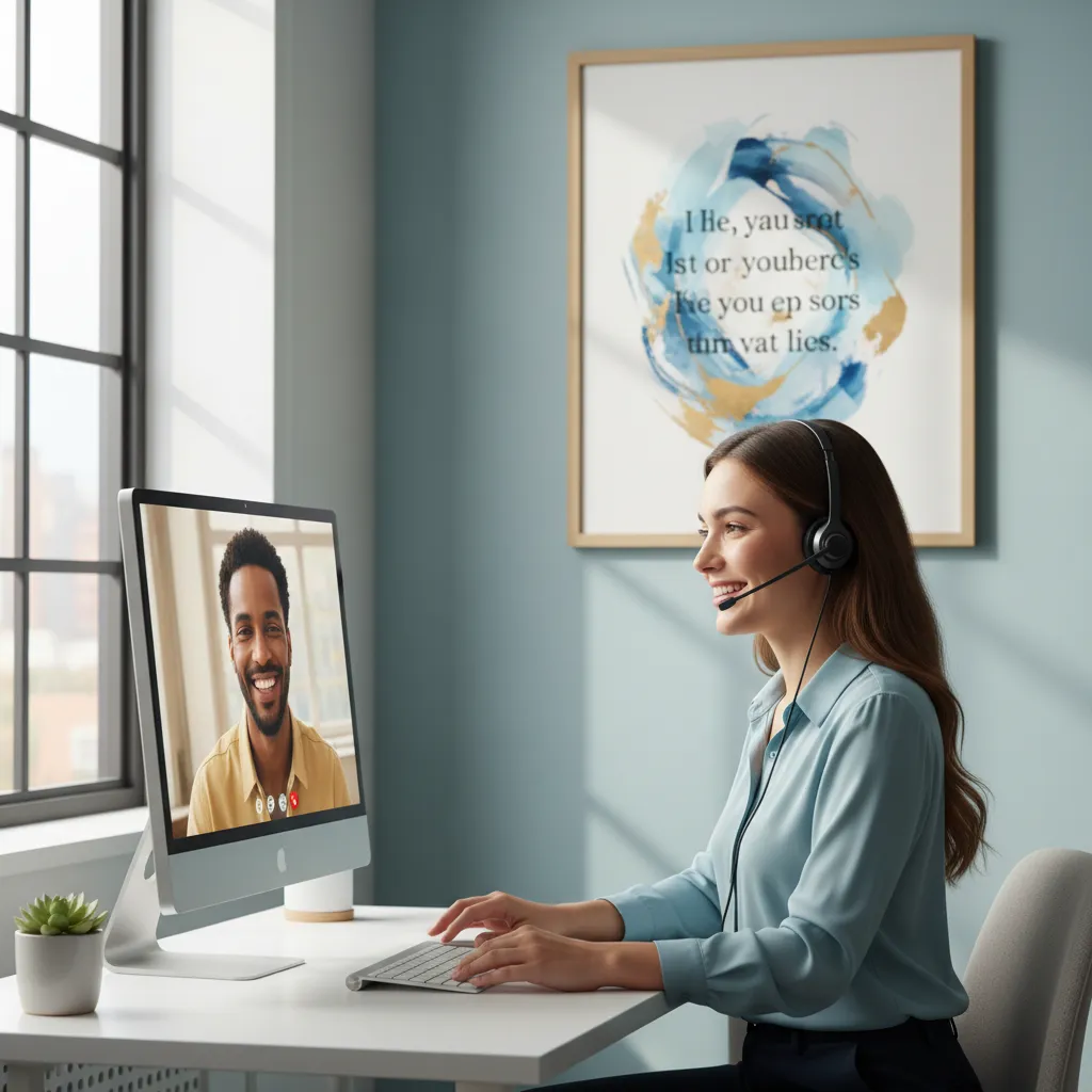 A friendly support specialist with a headset, smiling and assisting a client via video call. The workspace is bright and organized, with a motivational quote on the wall, highlighting approachability and dedication to customer care.