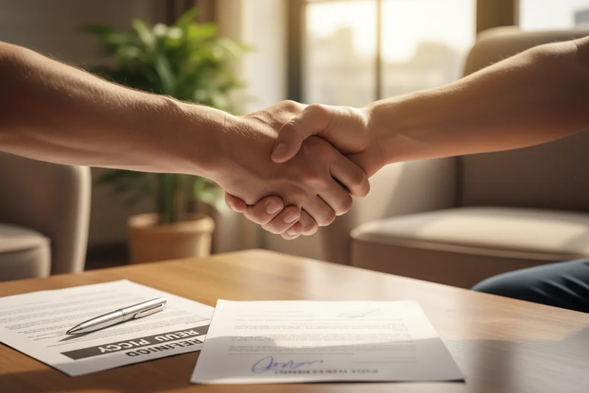 A close-up of two hands shaking over a signed agreement, with a visible refund policy document and a pen on the table. The background is softly blurred, emphasizing trust, transparency, and a customer-first approach in a welcoming office environment.