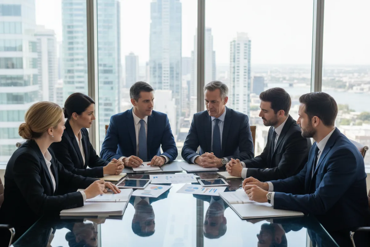 A diverse team of financial consultants in a modern office, reviewing documents and discussing strategies, with cityscape visible through large windows. The group includes men and women of various ages and backgrounds, all professionally dressed, collaborating around a glass table. The setting is bright and welcoming, emphasizing expertise and approachability.