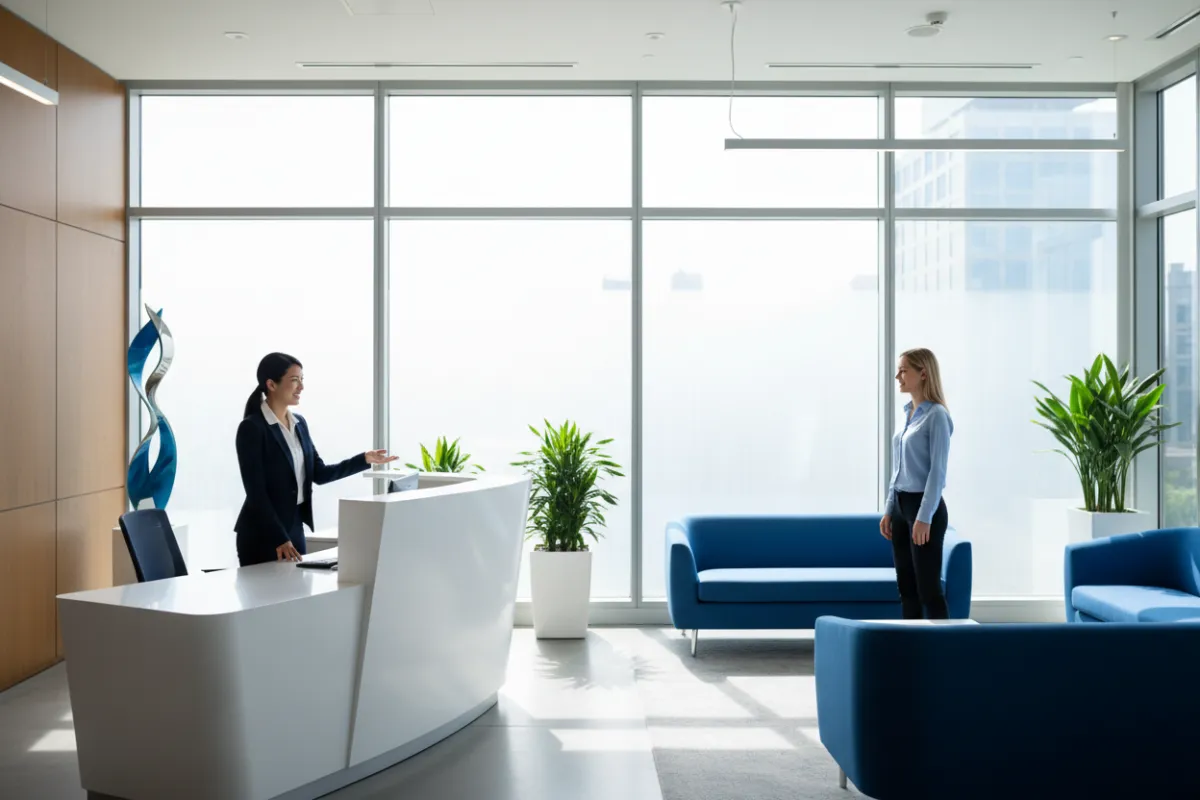Modern office reception area with a welcoming staff member at the front desk, large windows, and branded blue accents throughout the space.