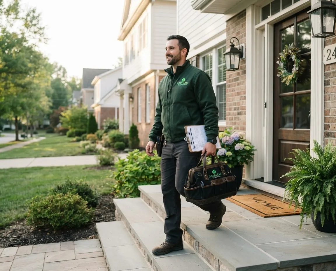 Plumber arriving on time with clipboard and protective shoe covers