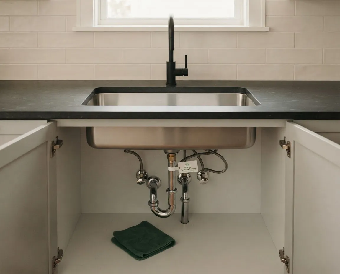 Spotless clean residential kitchen sink and plumbing pipes after inspection