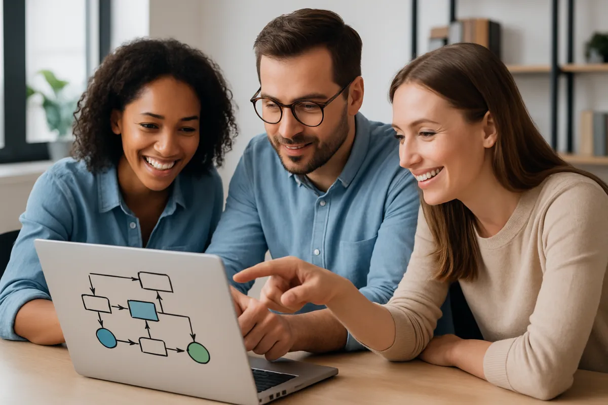 Team collaborating around a laptop reviewing workflow automation dashboard