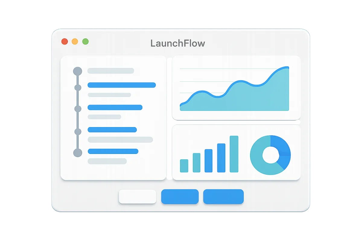 High-fidelity product UI mockup of LaunchFlow dashboard with charts, timeline, and actions on transparent background.