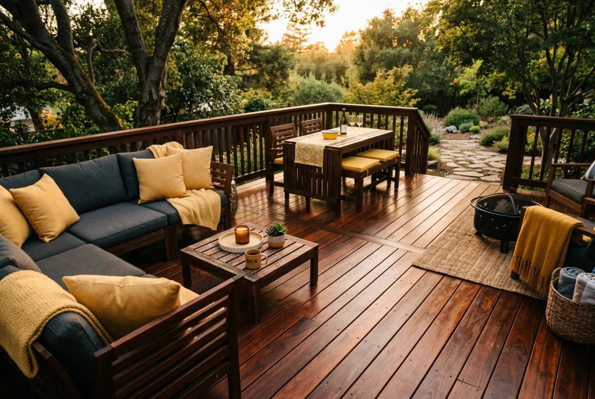 Deck refinishing and protective staining on outdoor wood deck