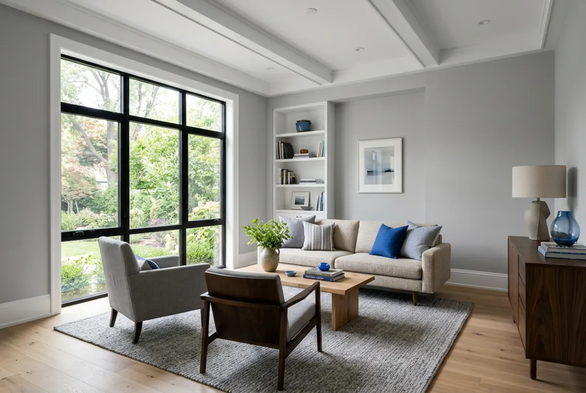 Interior painting service showing freshly painted luxury living room walls and trim