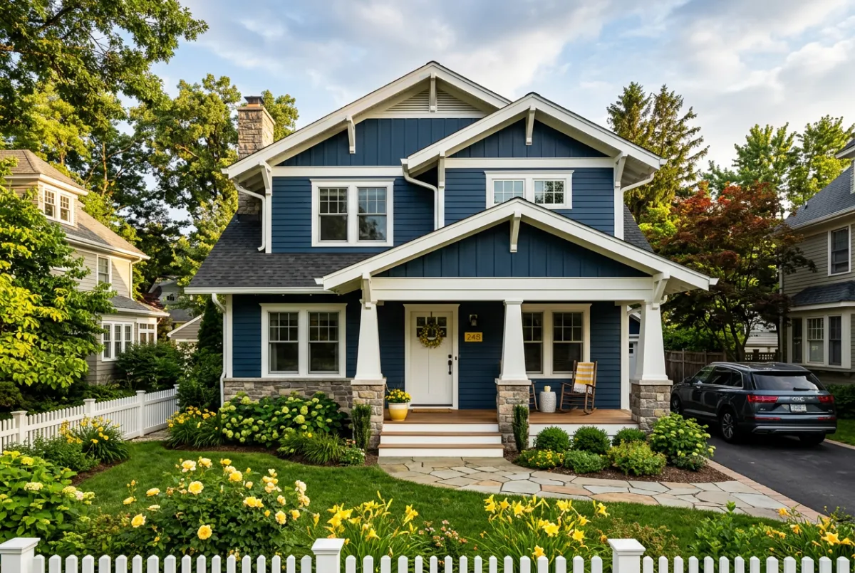 Exterior residential painting project on modern home with sharp contrast trim