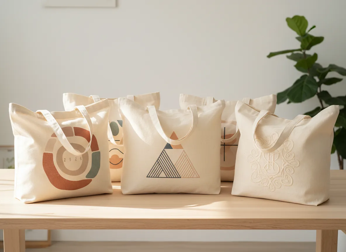Custom printed canvas tote bags displayed together for an event