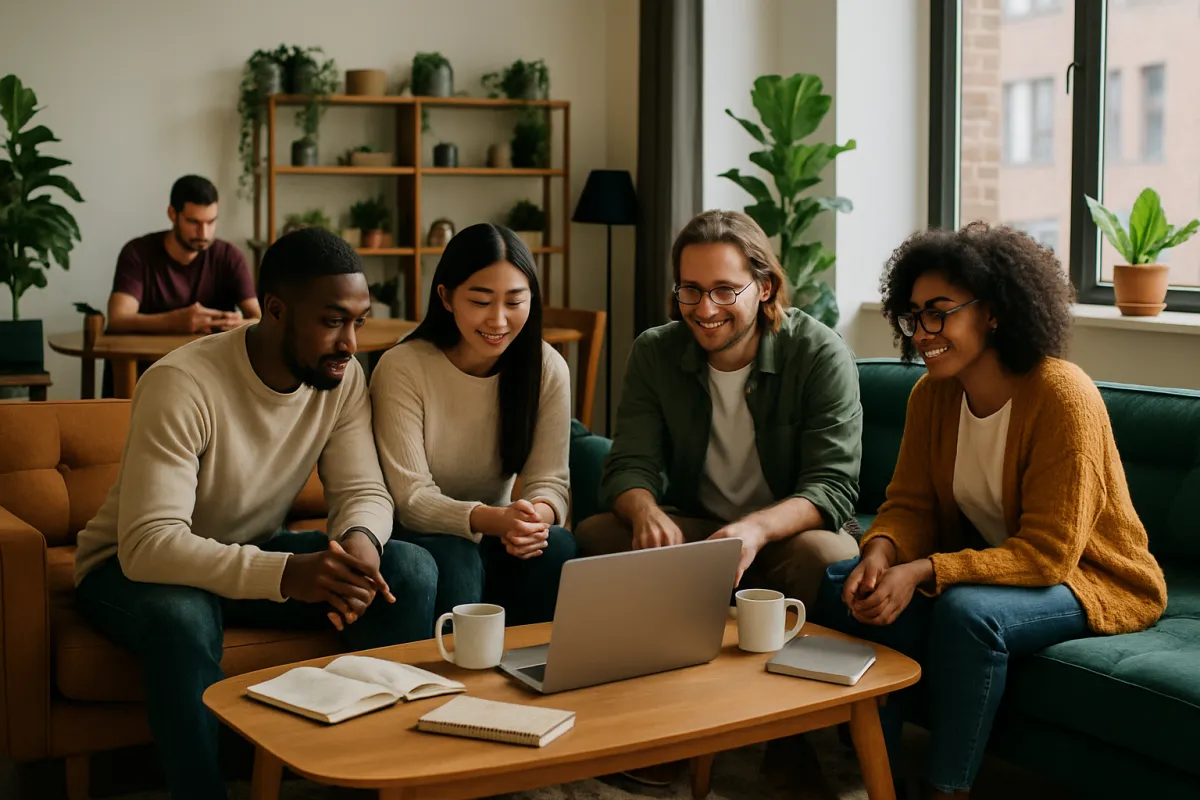 Lifestyle photo of a furnished shared living room with mid-century sofas and diverse residents collaborating.