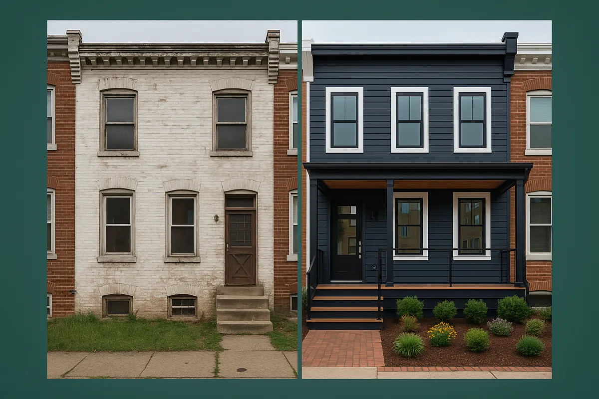 Before-and-after shot of an urban row house renovation showing investor uplift and renovation ROI