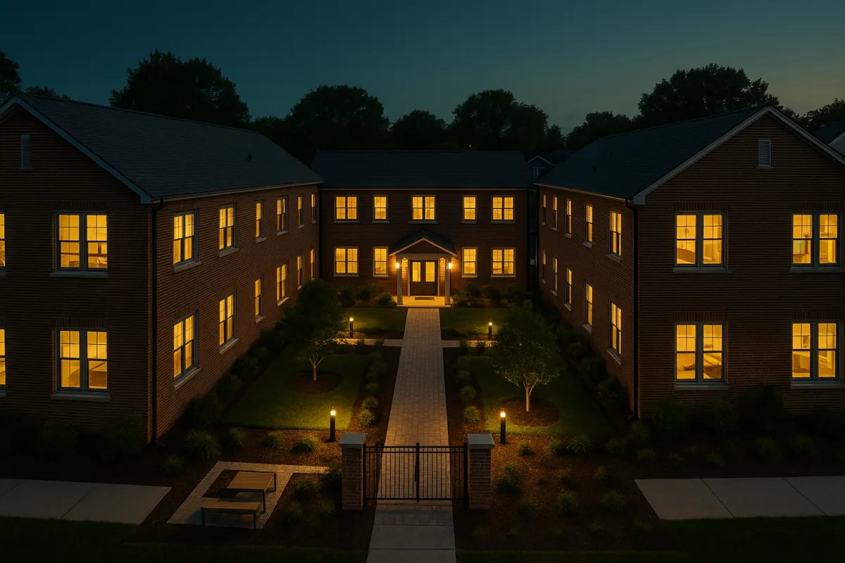 Aerial view of a renovated shared housing property at dusk showing warm lights and communal spaces