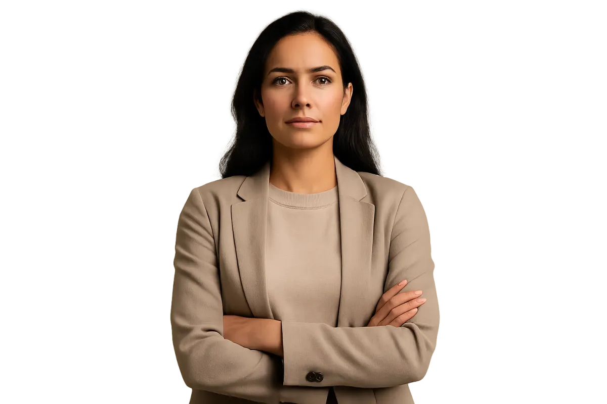 Isolated portrait of a confident female founder, waist-up, neutral pose