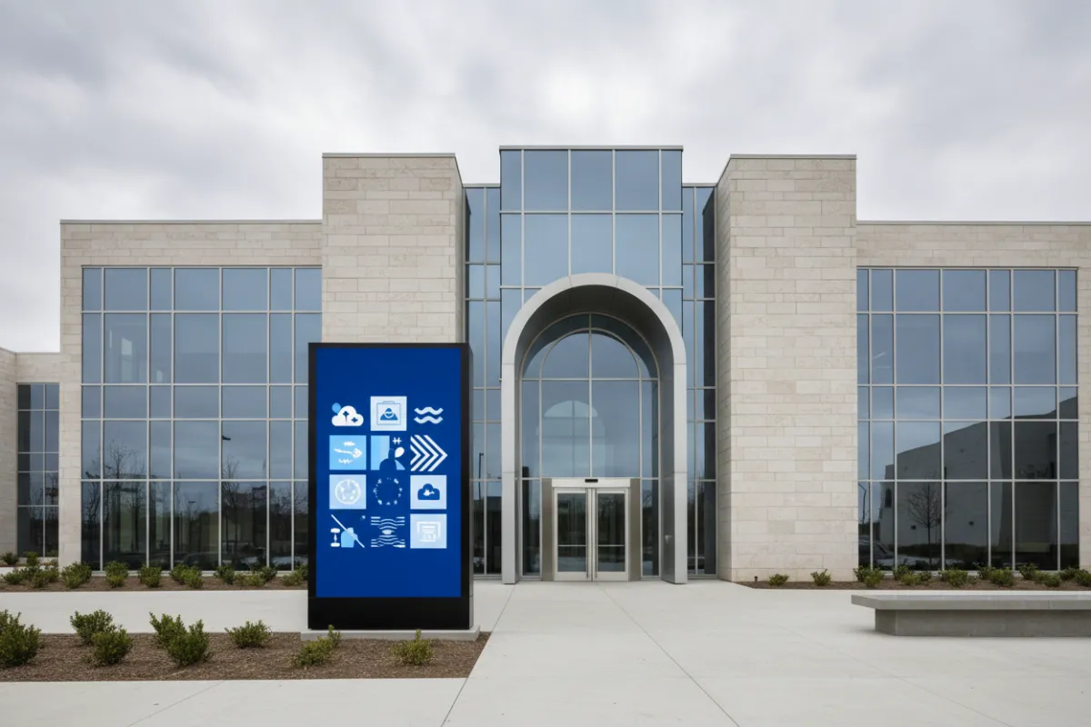 Municipal building exterior with digital display showing community notices.