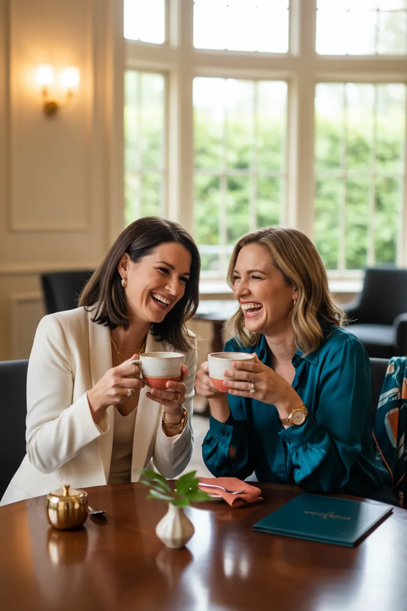 Two women entrepreneurs laughing together over coffee