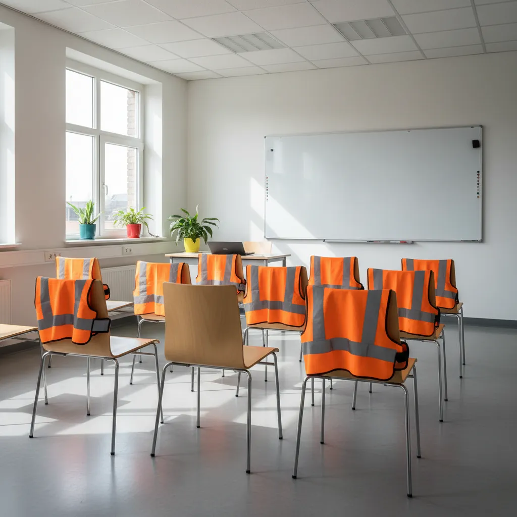 Training classroom with high-visibility vests and whiteboard