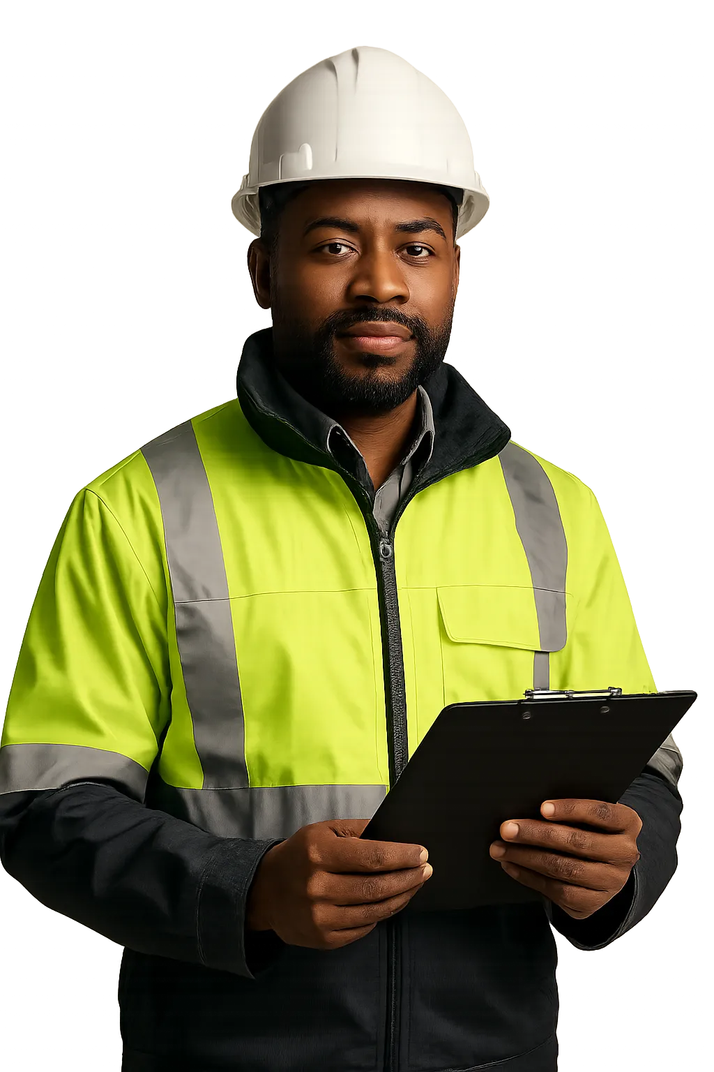 Confident workplace safety representative holding a clipboard and wearing a reflective jacket.