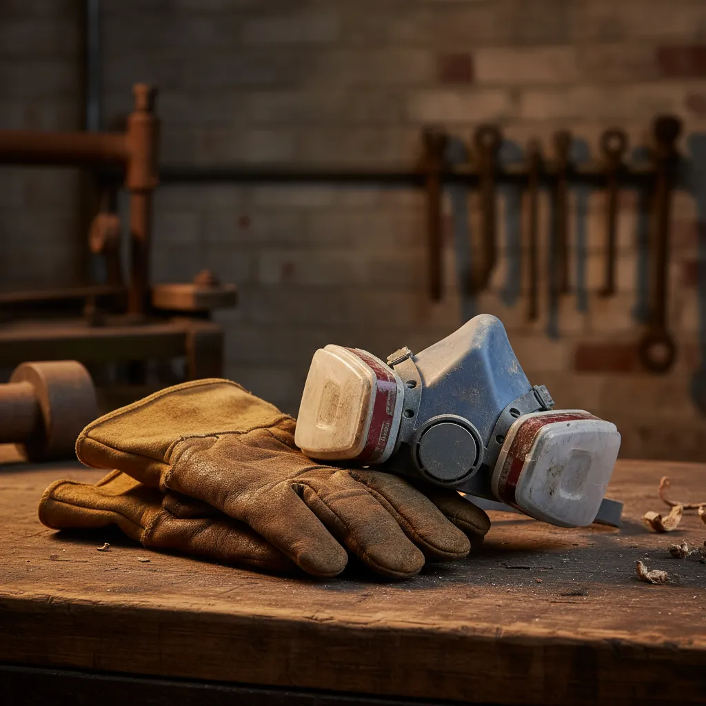 Safety gloves and respirator on workbench