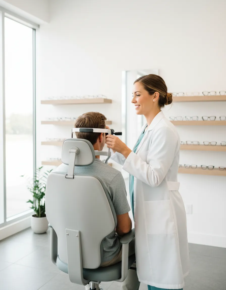 Optometrista examinando a un paciente en clínica en Tijuana