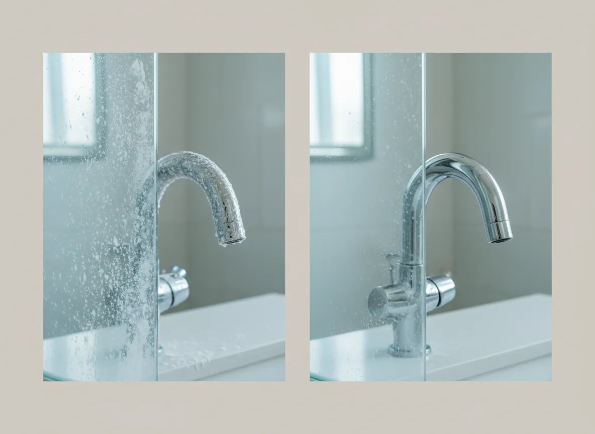 Close-up of hard water scale on faucet vs soft water