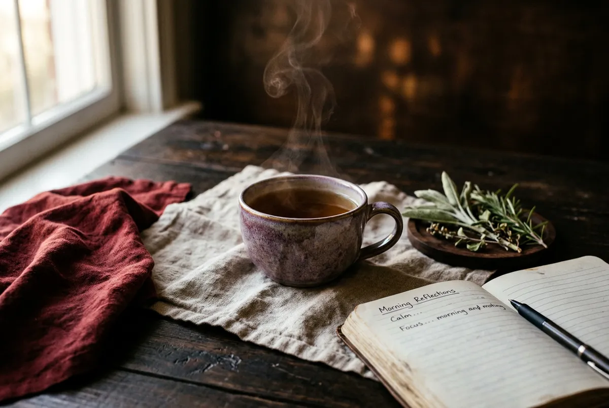Comforting warm herbal tea ritual in ceramic cup with steam rising in natural morning light